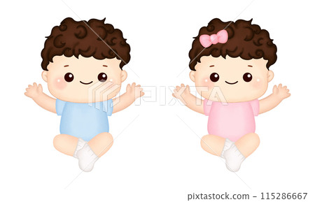 Cute boy and girl sit position watercolor style 115286667