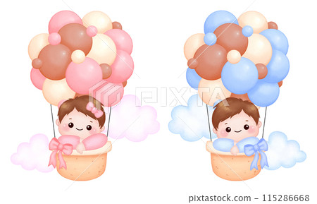 Cute baby boy and girl on hot air balloons Cute baby boy and girl on hot air balloons 115286668
