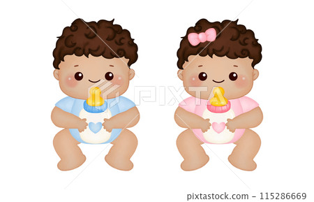 Cute boy and girl with bottle milk 115286669