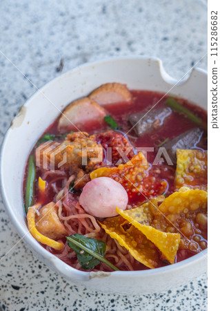 Rice Noodles Seafood with fish ball in red soup (Yen Ta Fo) Rice Noodles Seafood with fish ball in red soup (Yen Ta Fo) 115286682