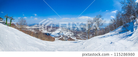 Panoramic view of the ungroomed slopes at the summit of a ski resort (Madarao Highlands, Nagano Prefecture) 115286980