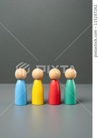 Multi-colored people figures. People representing different groups, communities and cultures. Consumer groups, their preferences and purchasing power. Marketing and segmentation. 115287262