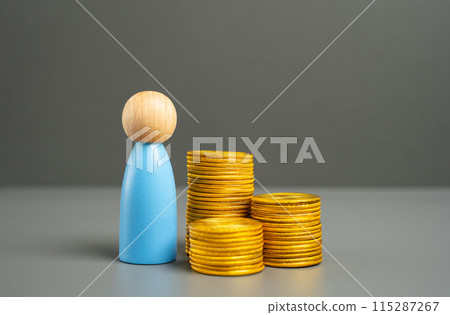 Man and money coins. Wealth and prosperity. Savings and capital. Purchasing power. Investments. Financial literacy, asset and resource management. Employee salary. Climb your earnings levels. Man and money coins. Wealth and prosperity. Savings and capital. Purchasing power. Investments. Financial literacy, asset and resource management. Employee salary. Climb your earnings levels. 115287267