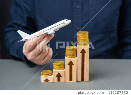 Airline profit growth. Increase in prices for tickets and flights. Loyalty programs and air miles, bonuses. Low cost airlines. Airplane on a growing stack of coins. Airline profit growth. Increase in prices for tickets and flights. Loyalty programs and air miles, bonuses. Low cost airlines. Airplane on a growing stack of coins. 115287280