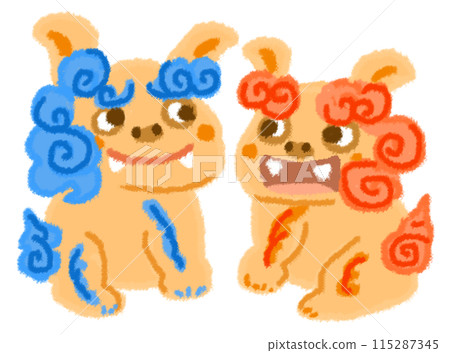 Illustration of a cute shisa with red and blue fur 115287345