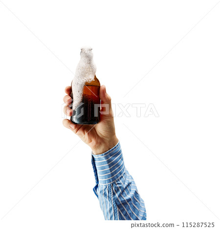 Male hand holding glass of foamy lager beer isolated on white background. Refreshing after work, cheers. 115287525