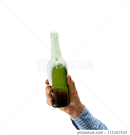 Male hand holding glass of foamy lager beer isolated on white background. Refreshing after work, cheers. 115287529