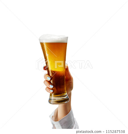 Chill and Refresh. Female hand holding frothy drink, lager foamy beer isolated on white background 115287538