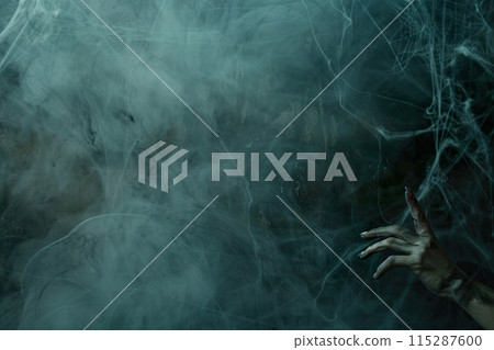 A chilling, ghostly scene enveloped in dense fog and haunting shadows, featuring an eerie hand reaching out, perfect for spooky seasonal promotions with ample copy space. Generative AI. 115287600