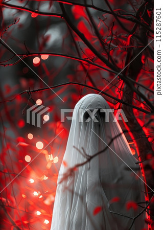A haunting white figure with a skull face emerges from the shadows, backdropped by a mystical forest of crimson leaves and glowing red lights, creating a chilling Halloween scene. Generative AI. 115287601