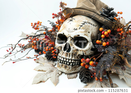 Weathered skull adorned with a rustic hat, surrounded by vibrant autumn berries, pinecones, and leaves, perfect for seasonal and spooky themes. Generative AI. 115287631
