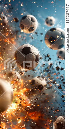 Dynamic scene of footballs in mid-air, surrounded by explosive sparks and debris, capturing explosive power and thrill of game. 115287657