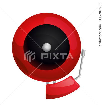 Red fire alarm system signal device isolated on white. Prevention, emergency, warning bell. Vintage signaling. Retro signalization. Firefighter equipment and tool. Vector cartoon illustration 115287839