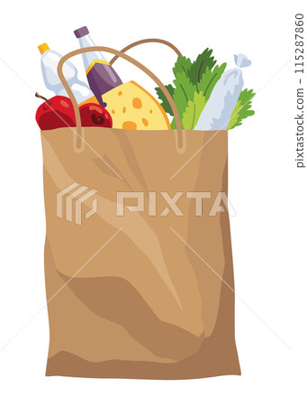 Paper shopping bag products grocery. Different food and beverage products, grocery shopping. Grocery supermarket. Fresh organic food and drinks. Grocery delivery concept Paper shopping bag products grocery. Different food and beverage products, grocery shopping. Grocery supermarket. Fresh organic food and drinks. Grocery delivery concept 115287860