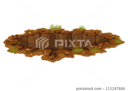 Hole ground. Works digging of sand coal waste rock or gravel. Brown, dry mine element of landscape. Cartoon illustration 115287880