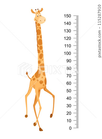 Funny giraffe. Cheerful funny giraffe with long neck. Giraffe meter wall or height chart or wall sticker. Illustration with scale from 0 to 150 centimeter to measure growth Funny giraffe. Cheerful funny giraffe with long neck. Giraffe meter wall or height chart or wall sticker. Illustration with scale from 0 to 150 centimeter to measure growth 115287910