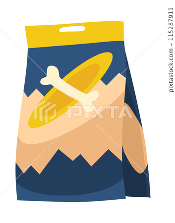 Dog accessory shop icon. Dog feed. Petshop supermarket. Pet accessory. Vector cartoon illustration in flat style 115287911