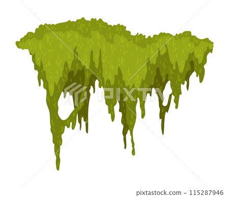 Cartoon jungle moss shape. Green swamp moss, forest hanging and creeping lichen. Rainy forest flora. Marsh plant for computer games isolated on white. Flat vector illustration Cartoon jungle moss shape. Green swamp moss, forest hanging and creeping lichen. Rainy forest flora. Marsh plant for computer games isolated on white. Flat vector illustration 115287946