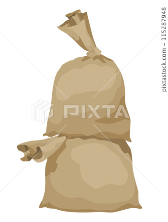 Burlap farmer bag with flour, rice or salt. Agricultural product. Farm production in brown textile bale, closed sack with product inside. Cartoon vector icon Burlap farmer bag with flour, rice or salt. Agricultural product. Farm production in brown textile bale, closed sack with product inside. Cartoon vector icon 115287948