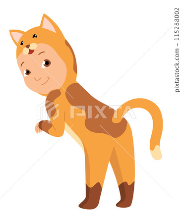 Children animal costume. Colorful animal wearing suit for party cat. Isolated flat vector design Children animal costume. Colorful animal wearing suit for party cat. Isolated flat vector design 115288002
