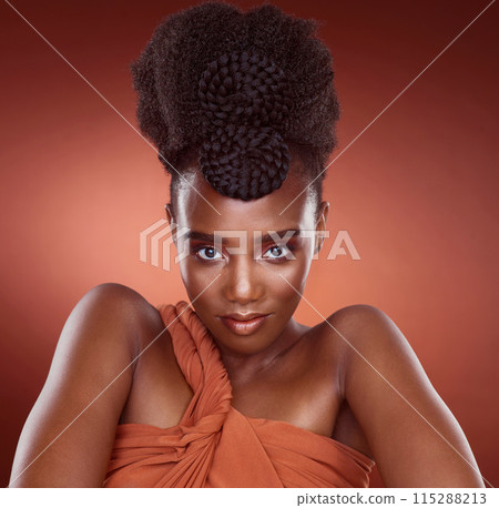 Portrait, creative beauty and confident woman with makeup, pride and glow by studio backdrop. Smile, black female person with lipstick, glamour and elegant by background for art deco or aesthetic 115288213