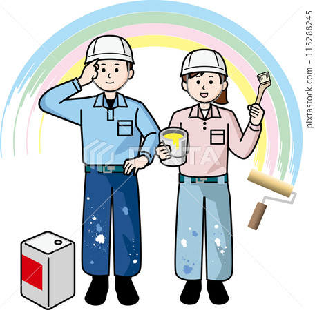 A man and woman working in the painting industry and a rainbow painted with paint 115288245