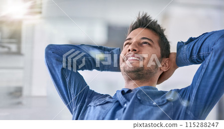 Business, man and thinking or relax on break in office, happy and hands behind head for stretch or calm reflection. Worker, positive mindset and achieve goal or target, employee and workplace banner 115288247