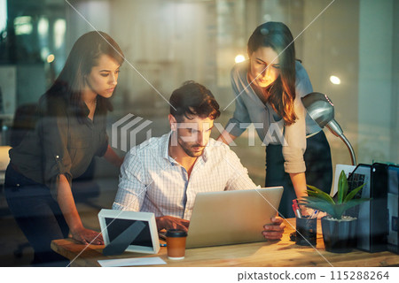 Lawyers, people and laptop in working late for teamwork at office as coworkers for workplace, company and corporate. Women, man and project in collaboration, together and colleagues for deadline 115288264