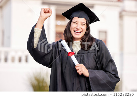 Portrait, girl and student with graduation, excited and degree with education, achievement and celebration. Face, person or woman with certificate, diploma or knowledge with college or academy scroll Portrait, girl and student with graduation, excited and degree with education, achievement and celebration. Face, person or woman with certificate, diploma or knowledge with college or academy scroll 115288280