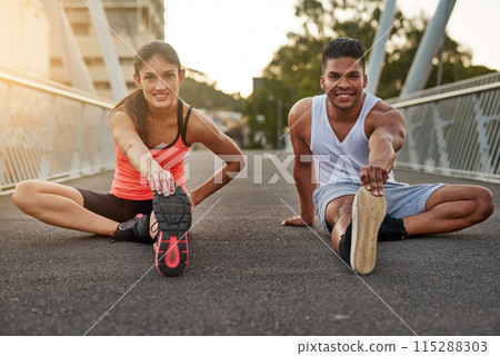 Fitness, portrait and couple stretch on bridge for health, wellness or warmup for run. Man, woman and training on road for cardio, preparation and workout together in city for marathon, jog or sprint 115288303