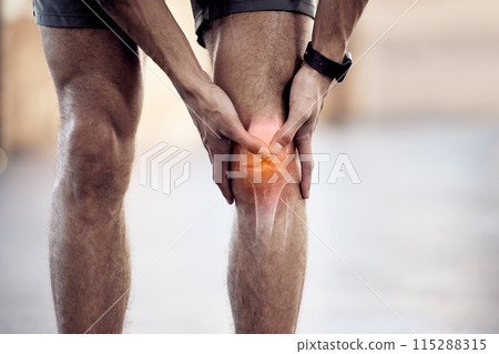 Man, athlete and knee pain in gym, injury and muscle sprain or tender from exercise. Male person, runner and joint x ray from marathon or training practice, broken and bone ache or sport accident Man, athlete and knee pain in gym, injury and muscle sprain or tender from exercise. Male person, runner and joint x ray from marathon or training practice, broken and bone ache or sport accident 115288315
