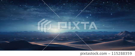 Sand dunes under moon and star filled sky with clouds, night dramatic desert landscape Sand dunes under moon and star filled sky with clouds, night dramatic desert landscape 115288359