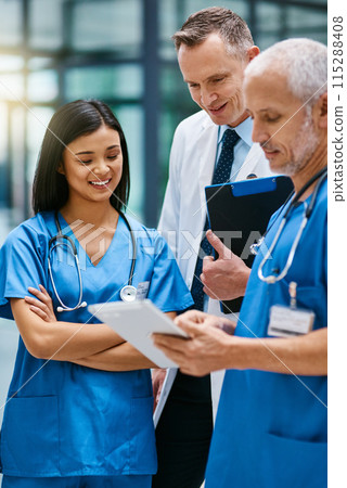 Doctor, group and hospital teamwork with tablet for research or telehealth communication, online or consultation. Men, woman and medical app for client conversation or internet, website or insurance Doctor, group and hospital teamwork with tablet for research or telehealth communication, online or consultation. Men, woman and medical app for client conversation or internet, website or insurance 115288408