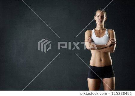 Fitness, body and portrait of woman with arms crossed in studio for health, training and wellness on black background. Mockup, gym or bodybuilder with weight loss, motivation or transformation tips Fitness, body and portrait of woman with arms crossed in studio for health, training and wellness on black background. Mockup, gym or bodybuilder with weight loss, motivation or transformation tips 115288495