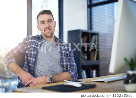 Relax, computer and portrait of creative businessman in office with opportunity, confidence and tech startup. Web design, pride and happy face of online developer with professional career at agency 115288583