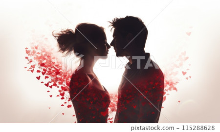 Silhouette of man and woman facing each other with red hearts floating around 115288628