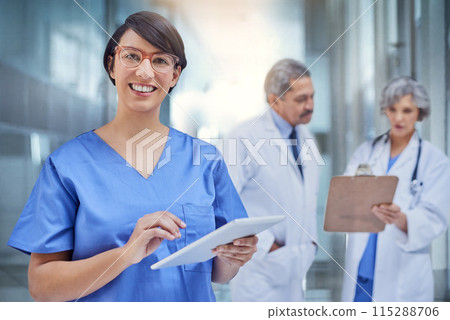 Woman, doctor and tablet in hospital or portrait for medical, check on digital file for schedule. Female surgeon, medicine and tech with colleagues in clinic and working for career in healthcare Woman, doctor and tablet in hospital or portrait for medical, check on digital file for schedule. Female surgeon, medicine and tech with colleagues in clinic and working for career in healthcare 115288706