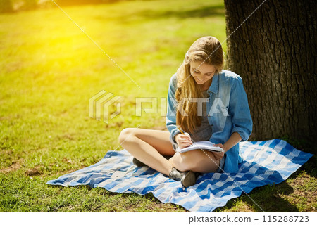 Young woman, happy and notebook for study in nature for test, education and scholarship in countryside. Female student, gen z and paper by tree for learning, reading and smile for brainstorming Young woman, happy and notebook for study in nature for test, education and scholarship in countryside. Female student, gen z and paper by tree for learning, reading and smile for brainstorming 115288723