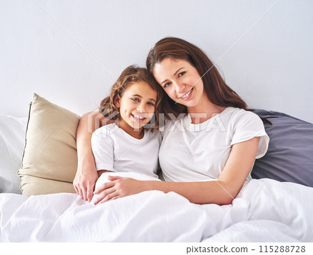 Portrait, bedroom or mother with girl in home to relax with care, safety or peace together for bonding. Smile, parent or mom with kid for support, trust or hug in happy family with love or protection Portrait, bedroom or mother with girl in home to relax with care, safety or peace together for bonding. Smile, parent or mom with kid for support, trust or hug in happy family with love or protection 115288728