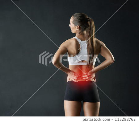 Back pain, stress or woman in studio with fitness, mistake and red glow anatomy, risk or emergency on black background. Gym, injury or athlete with backache, tension or joint, burnout or fibromyalgia 115288762