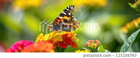 Butterflies with intricate patterns on vibrant flowers, natural background 115288763