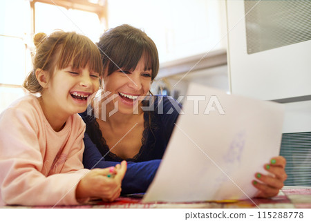 Happy mother, daughter and drawing with paper for fun coloring activity, bonding or homework. Mom and little girl, child or kid with smile for imagination, creativity or childhood together at house Happy mother, daughter and drawing with paper for fun coloring activity, bonding or homework. Mom and little girl, child or kid with smile for imagination, creativity or childhood together at house 115288778