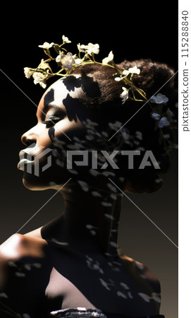 Black Young Woman, flowers in head, concept of skin positivity, vitiligo Black Young Woman, flowers in head, concept of skin positivity, vitiligo 115288840