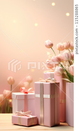 Present boxes spring background, copy space. Gifts for March 8th, Mothers day 115288865