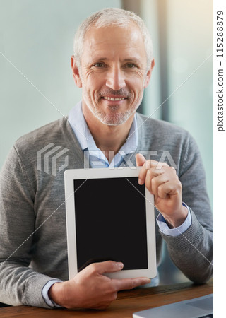 Portrait, mature and businessman for tablet screen, smile and advertising. Man, device and manager in office, happy, tech and ceo mock up for touchpad, promotion and desk in workplace, executive Portrait, mature and businessman for tablet screen, smile and advertising. Man, device and manager in office, happy, tech and ceo mock up for touchpad, promotion and desk in workplace, executive 115288879
