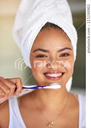 Happy, dental care and portrait of woman with toothbrush for morning hygiene routine in bathroom. Smile, wellness and female person with oral health product for plaque, gums and fresh breath at home. Happy, dental care and portrait of woman with toothbrush for morning hygiene routine in bathroom. Smile, wellness and female person with oral health product for plaque, gums and fresh breath at home. 115288901