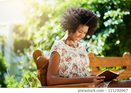Woman, relax and reading journal in park on summer, holiday and memory of vacation or story. Notebook, study and girl on bench learning info in garden or backyard on college campus with happiness Woman, relax and reading journal in park on summer, holiday and memory of vacation or story. Notebook, study and girl on bench learning info in garden or backyard on college campus with happiness 115288907