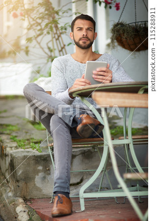 Businessman and freelancer with tablet outdoors at cafe for email, typing and remote work. Male person, copywriter and technology for feedback, research and connection for blog article or seo content 115288911