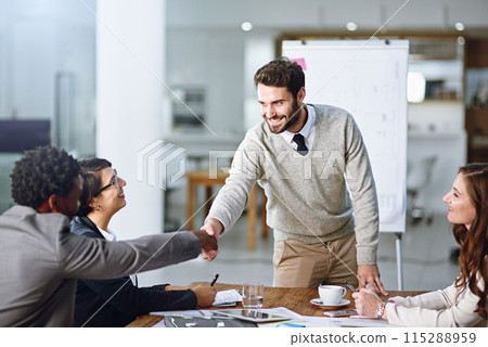 Office, man and handshake with business people after presentation for hr training, coaching and ideas in meeting. Workplace, audience and speaker with thank you, company pitch and clients attention 115288959