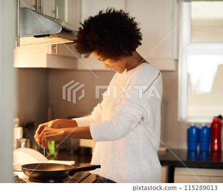 Breakfast, cooking and egg with black woman in kitchen of home for diet, health or nutrition. Food, pan and stove with afro person in apartment to prepare morning meal for hunger or wellness Breakfast, cooking and egg with black woman in kitchen of home for diet, health or nutrition. Food, pan and stove with afro person in apartment to prepare morning meal for hunger or wellness 115289013